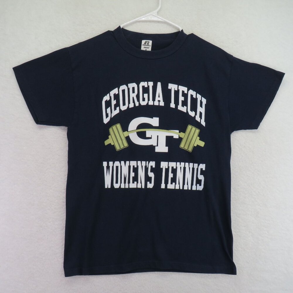 Georgia Tech T Shirt Womens Size Small Tennis Russell‎ Blue Gold Short Sleeve